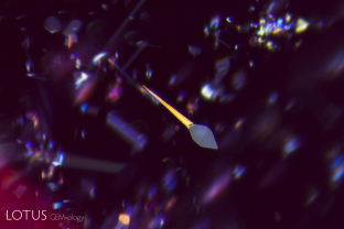 Lovely example of a rutile needle with attached daughter crystal in a ruby from Montepuez, Mozambique.