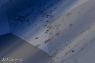 Small heat-altered feathers just beneath the surface of a heat-treated Sri Lanka sapphire.
