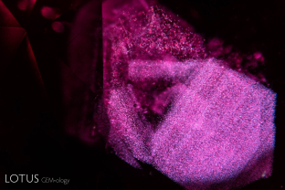 A zoned cloud of fine exsolved particles; this is a common feature of untreated rubies from Ambodivoahangy, Madagascar.