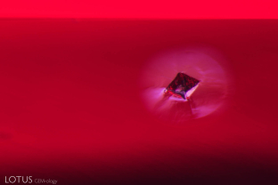 Octahedron crystal with a small tension fissure surrounding it in a spinel from Mogok, Burma. Such octahedra are a common internal feature in spinel.