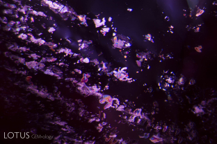 A plane of tiny negative crystals filled with a birefringent substance graces the interior of this red spinel from Tanzania’s Mahenge region.