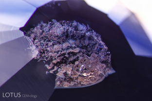 A heat-altered fingerprint at the culet of a heat-treated sapphire from Sri Lanka. Note the small microfractures and discoids that result from explosion of the individual negative crystal channels that make up the fingerprint.