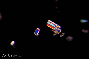 These transparent birefringent crystals stand out in strong relief when viewed between crossed polars in this spinel from Vietnam’s Luc Yen district.