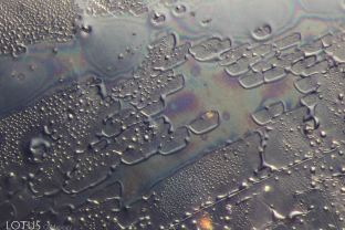 These droplet-like surface markings may superficially look like water or oil, but they cannot be wiped or scraped off. They are actually spall marks, a result of heat treatment that affects the surface of the stone. Often a heated stone will be repolished to remove such markings.