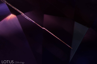 A long, orange-stained growth tube pierces this Madagascar sapphire. These fine growth tubes are a common feature in sapphire from Madagascar.