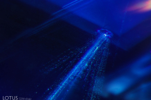 This transparent crystal was an obstacle to this sapphire’s growth, creating a “comet trail” stream of fine particles behind it. This example is in a Pailin sapphire.