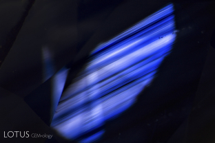 Extremely sharp parallel and angular growth zoning is one of the hallmarks of Madagascar sapphires, as seen here.
