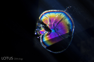 An iridescent fissure surrounds a small crystal in this basaltic sapphire from Bo Ploi, Thailand. When an included crystal such as this is heated, it expands, producing pressure on the host. The easiest release of that pressure is generally in the basal plane, producing a flat “discoid” fissure such as this.