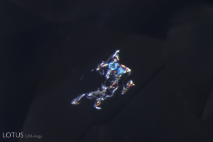 Irregular crystals of what may be feldspar in a sapphire from Madagascar, seen between crossed polars.