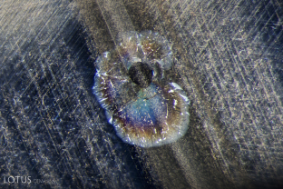 A crystal with a fracture around it is surrounded by undissolved silk in an unheated basalt-related sapphire.
