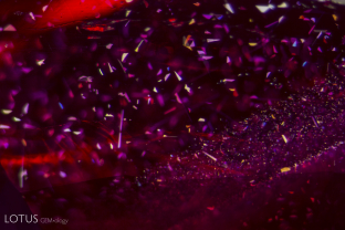 Rutile silk in this unheated Mozambique ruby in angular plate forms.