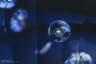 Frosty melted “snowball” crystals provide evidence that this Madagascar sapphire was heat treated.