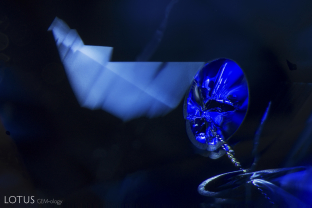 A sharply zoned angular particle cloud creates a striking geometric shape next to a large glassy discoid in this heated Sri Lanka sapphire.