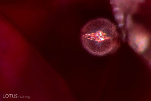 An accretion cloud surrounds a small carbonate-lined negative crystal in this Burmese spinel.