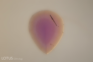 When immersed in di-iodomethane, this orange sapphire reveals a surface-conformal color rim, exposing it as having been beryllium diffused.