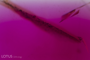 This red spinel from Tanzania’s Mahenge mines showed an unusual orange coloration surrounding a fingerprint inclusion. But when examined in oblique fiber-optic lighting, the orange area displayed milky bluish clouds. This unmasked the orange color as a function of scattering, the same phenomena that creates a blue sky and orange sunset.