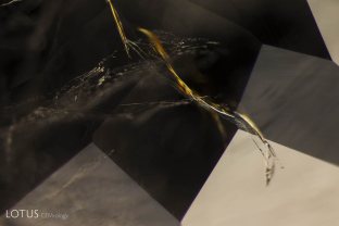 In this resin-filled emerald, an yellow-orange flash can be seen in the filled fracture. This treatment helps to minimize the appearance of fissures.