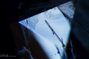 An elongated crystal in this sapphire was identified as grandidierite with micro Raman.