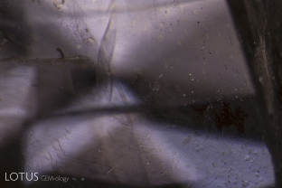 A “ghost” fissure in a Sri Lankan sapphire treated with high-temperature heating plus pressure (HT+P). In light field illumination, the fissure shows low-relief crystals. FoV=4 mm.