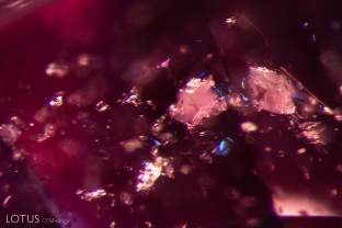 A blocky, white crystal of what is either carpathite or analcime stands out in this Madagascar sapphire.