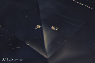 These small irregular crystal grains were identified via micro Raman as anorthite feldspar.