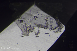 In this ruby from Pakistan’s Batakundi mine, large transparent crystals with embedded black grains were observed. One crystal was cut through on the surface and via micro Raman analysis was found to consist of calcite (top), anorthite feldspar (center) and graphite grains.