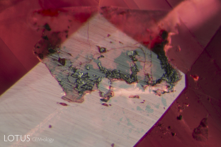 In this ruby from Pakistan’s Batakundi mine, large transparent crystals with embedded black grains were observed. One crystal was cut through on the surface and via micro Raman analysis was found to consist of calcite (top), anorthite feldspar (center) and graphite grains.