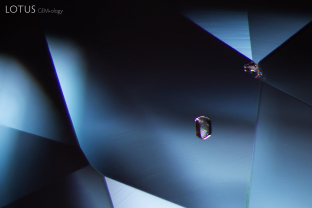 This blue spinel is home to a tiny, well-formed forsterite crystal which we identified with micro Raman.