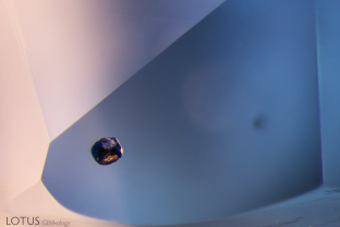 This opaque, metallic crystal in sapphire was identified as molybdenite with micro Raman.