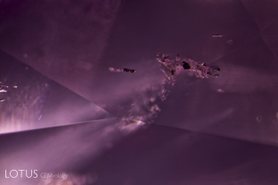 This pink sapphire contained irregular transparent crystals with black crystals embedded in them. Analysis by micro Raman revealed them to be dravite tourmaline with embedded primary rutile.