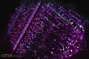 Undissolved rutile silk is strewn like confetti beneath the table facet of this Mozambique ruby. This is seen when looking down the c axis.