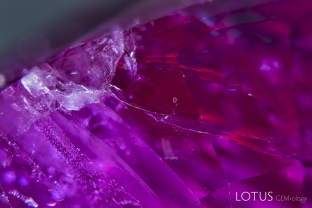 In this ruby believed to be from Afghanistan’s Jegdalek mines, a colorless mineral was cut through on the surface. Micro Raman analysis revealed it to be calcite.