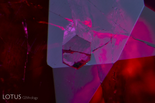 Solid inclusions are a relatively rare sight in rubies from Myanmar’s Mong Hsu area. This perfectly formed hexagonal prism cut through on the surface, not unexpectedly, turned out to be fluorapatite, as proven by micro Raman.
