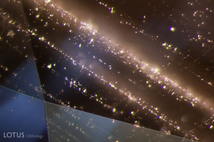 Fine exsolved particles and short “silk” needles are scattered across this spinel.