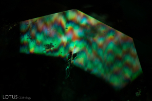 When viewed between crossed polars this emerald displayed a colorful strain pattern.