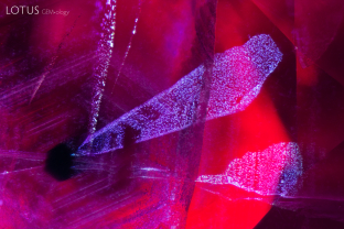 Phantom clouds, made up of small particles arranged in angular zones, create a striking appearance in this Mong Hsu ruby.