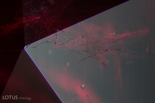 With careful observation we can see an irregular area on the surface of this ruby with a slightly lower luster than the surrounding corundum. Micro raman analysis identified this material as diaspore.