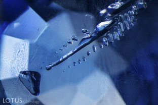A cluster of negative crystals appears to pierce the center of this sapphire.