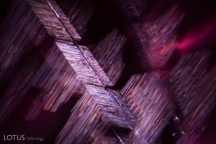 A series of dislocation needles can be observed when this pink spinel is lit with fiber optic illumination. Inclusions like these are typical for Vietnamese spinel.