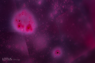 On rare occasions, we encounter synthetic gems that have been subjected to heat or diffusion treatment. Here we see concentration of diffused color around pits in a diffusion-treated synthetic ruby. 