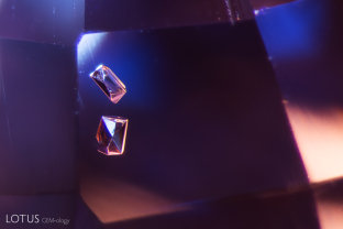 Two euhedral apatite crystals (identified with micro Raman) are suspended inside this unheated sapphire.