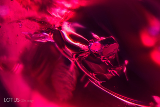 When a gem is heated, it and everything contained in it expands, governed by each material’s coefficient of thermal expansion. Should an included crystal expand more than the host, the result is a tension fissure, such as this around a heated apatite crystal in Burma red spinel.