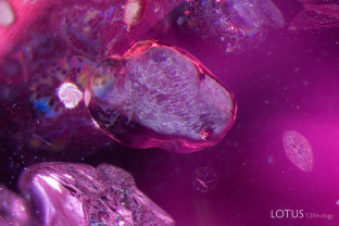 The rounded gas bubble in the corner of this cavity is a clue that the cavity has been filled with glass. Some of the melted fingerprints in the background also suggest that their ruby host was heated.