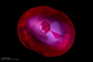 The hexagonal zones in this ruby display a characteristic chalky fluorescence in short wave UV. This is typical in heated Mong Hsu rubies. Prior to heat treatment, the hexagonal core of the crystal is typically blue. Heat treatment removes the blue cores, but also alters the exsolved diaspore particles, and changes the infrared spectrum, assisting detection.