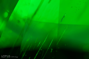 This emerald contained a series of slender two-phase inclusions. Like a genie in a bottle, the bubble (probably carbon dioxide) trapped inside has likely resided there for millions of years.