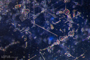 These dotted outlines, sometimes called “crop circles,” can occasionally be found in blue sapphires heated at high temperatures. While frequently associated with beryllium diffused stones, they are not conclusive evidence of diffusion treatment. The stone pictured here was heated, but showed no evidence of beryllium diffusion.