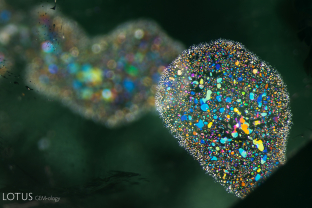 Iridescent two-phase thin films, as seen here, are common feature in emeralds from Russia.