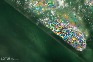 Iridescent two-phase thin films, as seen here, are common feature in emeralds from Russia.