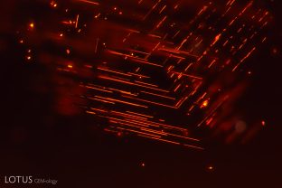 Clusters of “silk” needles, likely rutile, intersect in a dense swarm in this spessartine garnet. These silk needles in garnet intersect at characteristic angles of 70° and 110°.