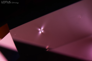 A small forsterite crystal, identified by micro Raman spectroscopy, is suspended within this spinel. Between crossed polars a strain pattern can be observed, producing the appearance of a tiny shining star.